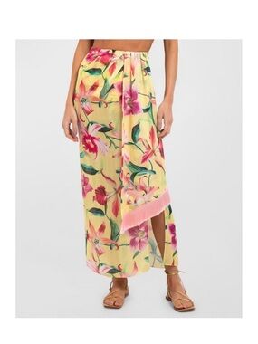 PatBO Yellow Floral Wrap Skirt with Pink and Green Accents